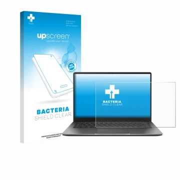 Parte frontal de un envase de producto con el logotipo de la marca upscreen. Al lado se muestra el dispositivo ASUS Chromebook