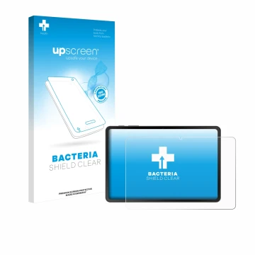 Parte frontal de un envase de producto con el logotipo de la marca upscreen. Al lado se muestra el dispositivo Doogee Tab A9 c