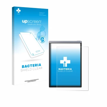 Parte frontal de un envase de producto con el logotipo de la marca upscreen. Al lado se muestra el dispositivo iflytek Ainote 