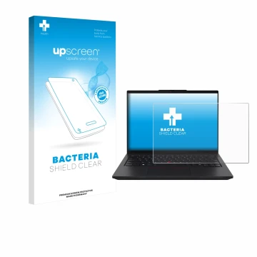 Parte frontal de un envase de producto con el logotipo de la marca upscreen. Al lado se muestra el dispositivo Lenovo ThinkPad