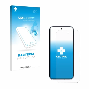 Parte frontal de un envase de producto con el logotipo de la marca upscreen. Al lado se muestra el dispositivo Google Pixel 10