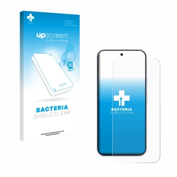 Parte frontal de un envase de producto con el logotipo de la marca upscreen. Al lado se muestra el dispositivo Google Pixel 10