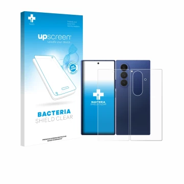 Parte frontal de un envase de producto con el logotipo de la marca upscreen. Al lado se muestra el dispositivo Samsung Galaxy 
