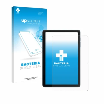 Parte frontal de un envase de producto con el logotipo de la marca upscreen. Al lado se muestra el dispositivo Blackview Tab 2