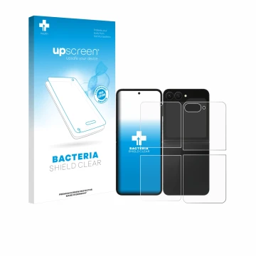 Parte frontal de un envase de producto con el logotipo de la marca upscreen. Al lado se muestra el dispositivo Samsung Galaxy 