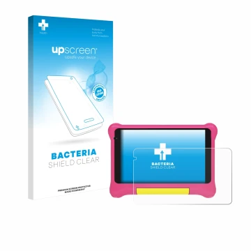 Parte frontal de un envase de producto con el logotipo de la marca upscreen. Al lado se muestra el dispositivo Happybe Kids Ta