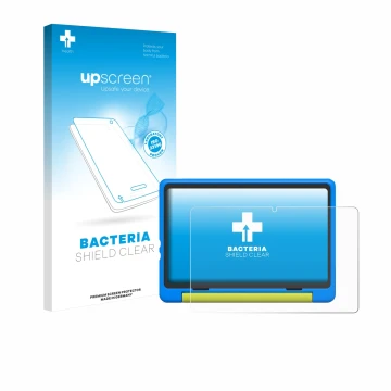 Parte frontal de un envase de producto con el logotipo de la marca upscreen. Al lado se muestra el dispositivo Happybe Kids Ta