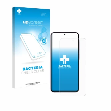 Parte frontal de un envase de producto con el logotipo de la marca upscreen. Al lado se muestra el dispositivo Samsung Galaxy 