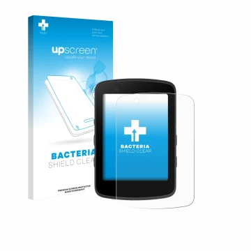 Parte frontal de un envase de producto con el logotipo de la marca upscreen. Al lado se muestra el dispositivo Bryton Rider 65