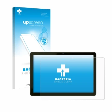 Parte frontal de un envase de producto con el logotipo de la marca upscreen. Al lado se muestra el dispositivo VALE Tablet V10
