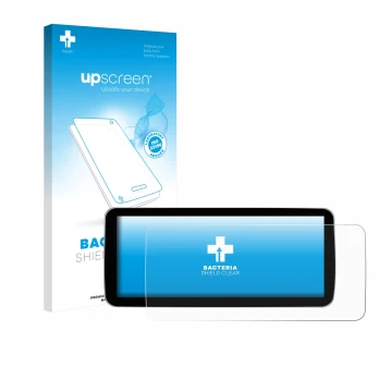 Parte frontal de un envase de producto con el logotipo de la marca upscreen. Al lado se muestra el dispositivo Ninetom Car Rad