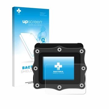 Parte frontal de un envase de producto con el logotipo de la marca upscreen. Al lado se muestra el dispositivo Shearwater Perd
