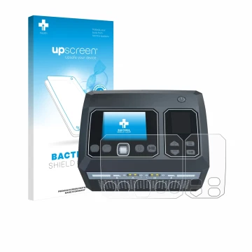 Parte frontal de un envase de producto con el logotipo de la marca upscreen. Al lado se muestra el dispositivo SkyRc D750 Mix 