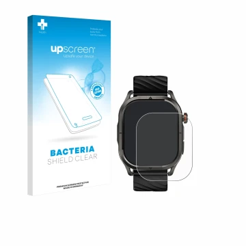Parte frontal de un envase de producto con el logotipo de la marca upscreen. Al lado se muestra el dispositivo Kospet Magic P1