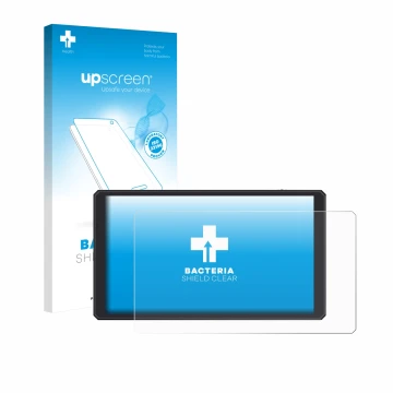 Parte frontal de un envase de producto con el logotipo de la marca upscreen. Al lado se muestra el dispositivo Feelworld CUT6 