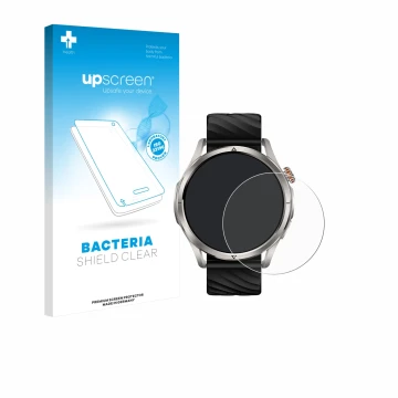 Parte frontal de un envase de producto con el logotipo de la marca upscreen. Al lado se muestra el dispositivo Kospet Magic R1