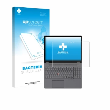 Parte frontal de un envase de producto con el logotipo de la marca upscreen. Al lado se muestra el dispositivo Lenovo ThinkPad