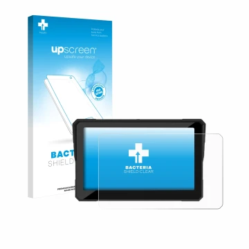 Parte frontal de un envase de producto con el logotipo de la marca upscreen. Al lado se muestra el dispositivo Carpuride W702S