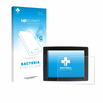 Parte frontal de un envase de producto con el logotipo de la marca upscreen. Al lado se muestra el dispositivo John Deere Gree