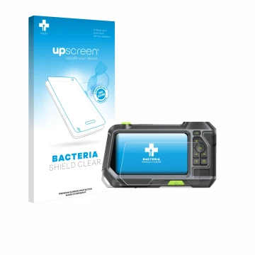 Parte frontal de un envase de producto con el logotipo de la marca upscreen. Al lado se muestra el dispositivo Teslong NTS500 