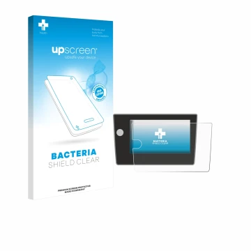 Parte frontal de un envase de producto con el logotipo de la marca upscreen. Al lado se muestra el dispositivo Volkswagen Polo