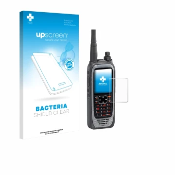 Parte frontal de un envase de producto con el logotipo de la marca upscreen. Al lado se muestra el dispositivo Icom IC-A25NE /