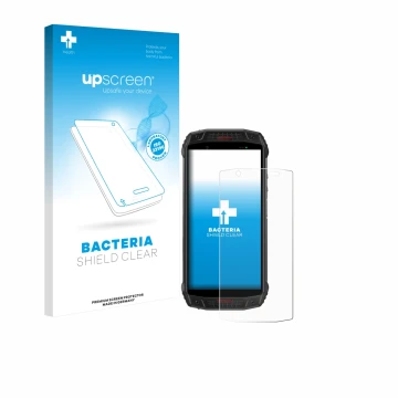 Parte frontal de un envase de producto con el logotipo de la marca upscreen. Al lado se muestra el dispositivo Ulefone Armor 1