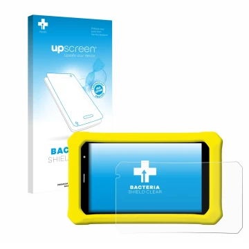 Parte frontal de un envase de producto con el logotipo de la marca upscreen. Al lado se muestra el dispositivo Clementoni Clem
