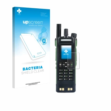 Parte frontal de un envase de producto con el logotipo de la marca upscreen. Al lado se muestra el dispositivo Baofeng DM-32 c