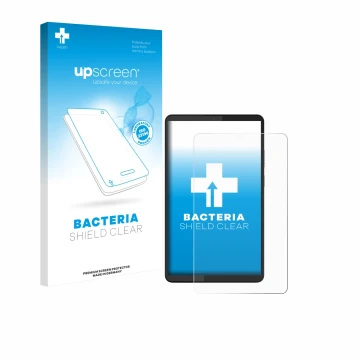 Parte frontal de un envase de producto con el logotipo de la marca upscreen. Al lado se muestra el dispositivo Lenovo Tab One 