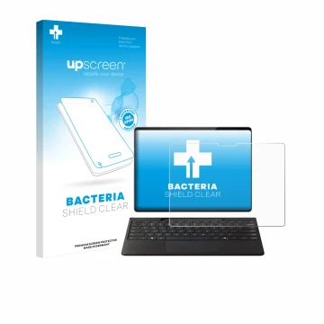 Parte frontal de un envase de producto con el logotipo de la marca upscreen. Al lado se muestra el dispositivo Microsoft Surfa