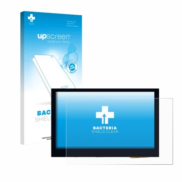Parte frontal de un envase de producto con el logotipo de la marca upscreen. Al lado se muestra el dispositivo Waveshare 4.3