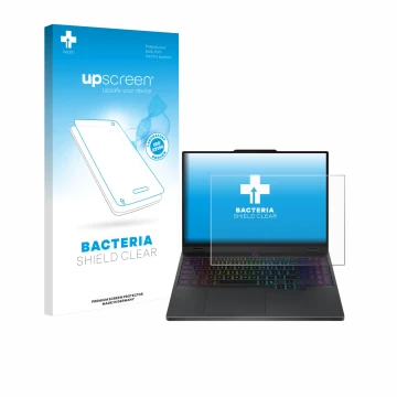 Parte frontal de un envase de producto con el logotipo de la marca upscreen. Al lado se muestra el dispositivo Lenovo Legion 5