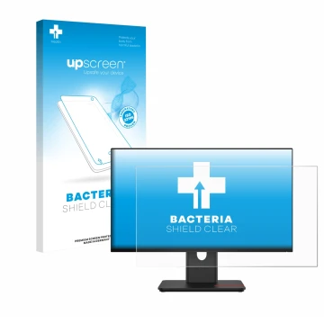 Parte frontal de un envase de producto con el logotipo de la marca upscreen. Al lado se muestra el dispositivo Lenovo ThinkVis