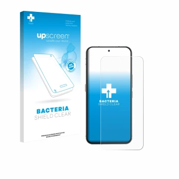 Parte frontal de un envase de producto con el logotipo de la marca upscreen. Al lado se muestra el dispositivo Oukitel WP210 5