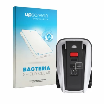 Parte frontal de un envase de producto con el logotipo de la marca upscreen. Al lado se muestra el dispositivo Ecovacs Goat O8