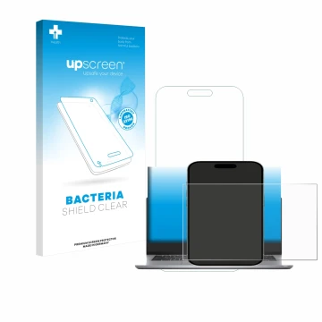 Parte frontal de un envase de producto con el logotipo de la marca upscreen. Al lado se muestra el dispositivo Dell Latitude 5
