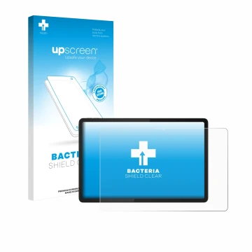 Parte frontal de un envase de producto con el logotipo de la marca upscreen. Al lado se muestra el dispositivo Lenovo Tab K11e