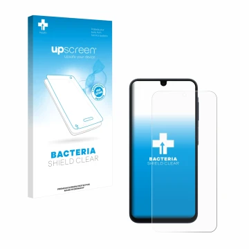 Parte frontal de un envase de producto con el logotipo de la marca upscreen. Al lado se muestra el dispositivo Samsung Galaxy 