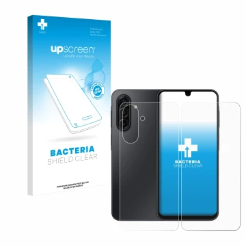 Parte frontal de un envase de producto con el logotipo de la marca upscreen. Al lado se muestra el dispositivo Samsung Galaxy 