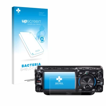 Parte frontal de un envase de producto con el logotipo de la marca upscreen. Al lado se muestra el dispositivo Yaesu FTX-1 con