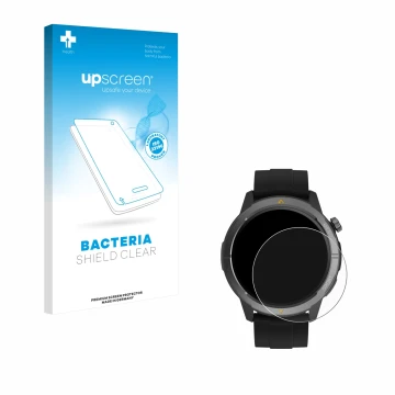Parte frontal de un envase de producto con el logotipo de la marca upscreen. Al lado se muestra el dispositivo AGM Legion Watc