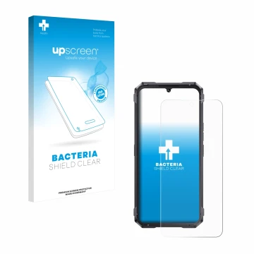 Parte frontal de un envase de producto con el logotipo de la marca upscreen. Al lado se muestra el dispositivo Cubot King Kong