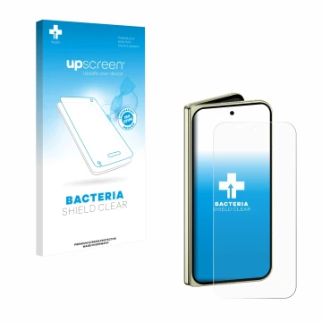 Parte frontal de un envase de producto con el logotipo de la marca upscreen. Al lado se muestra el dispositivo Google Pixel 10