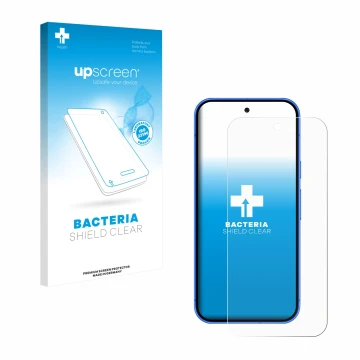 Parte frontal de un envase de producto con el logotipo de la marca upscreen. Al lado se muestra el dispositivo Google Pixel 10