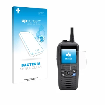 Parte frontal de un envase de producto con el logotipo de la marca upscreen. Al lado se muestra el dispositivo Icom IC-M94D co