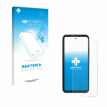 Parte frontal de un envase de producto con el logotipo de la marca upscreen. Al lado se muestra el dispositivo Ulefone Armor 2