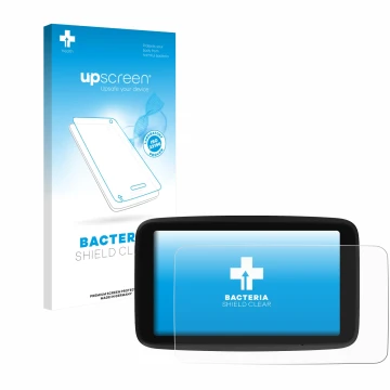 Parte frontal de un envase de producto con el logotipo de la marca upscreen. Al lado se muestra el dispositivo TomTom GO Class