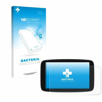 Parte frontal de un envase de producto con el logotipo de la marca upscreen. Al lado se muestra el dispositivo TomTom Go Navig