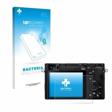 Parte frontal de un envase de producto con el logotipo de la marca upscreen. Al lado se muestra el dispositivo Sony RX1R III c